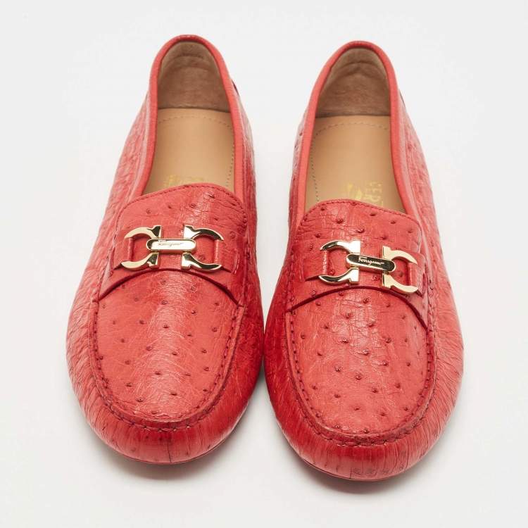 Pre Owned Salvatore Ferragamo Red Ostrich Saba Loafers Size 41.5 