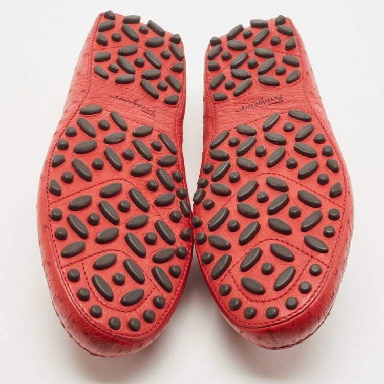 Pre Owned Salvatore Ferragamo Red Ostrich Saba Loafers Size 41.5 