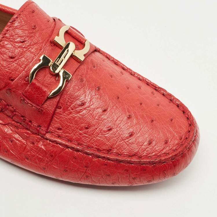 Pre Owned Salvatore Ferragamo Red Ostrich Saba Loafers Size 41.5 