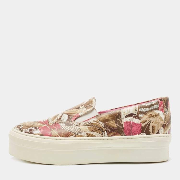 Pre Owned Salvatore Ferragamo Multicolor Floral Print Leather Slip On Platform Sneakers Size 40.5