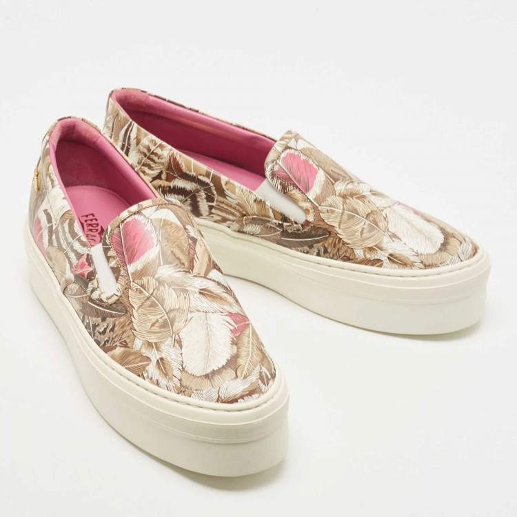 Pre Owned Salvatore Ferragamo Multicolor Floral Print Leather Slip On Platform Sneakers Size 40.5