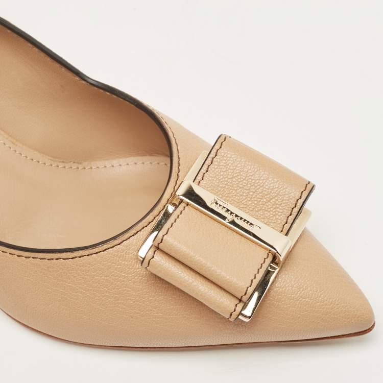 Pre Owned Salvatore Ferragamo Beige Leather Mimi Bow Detail Pointed Toe Pumps Size 36.5