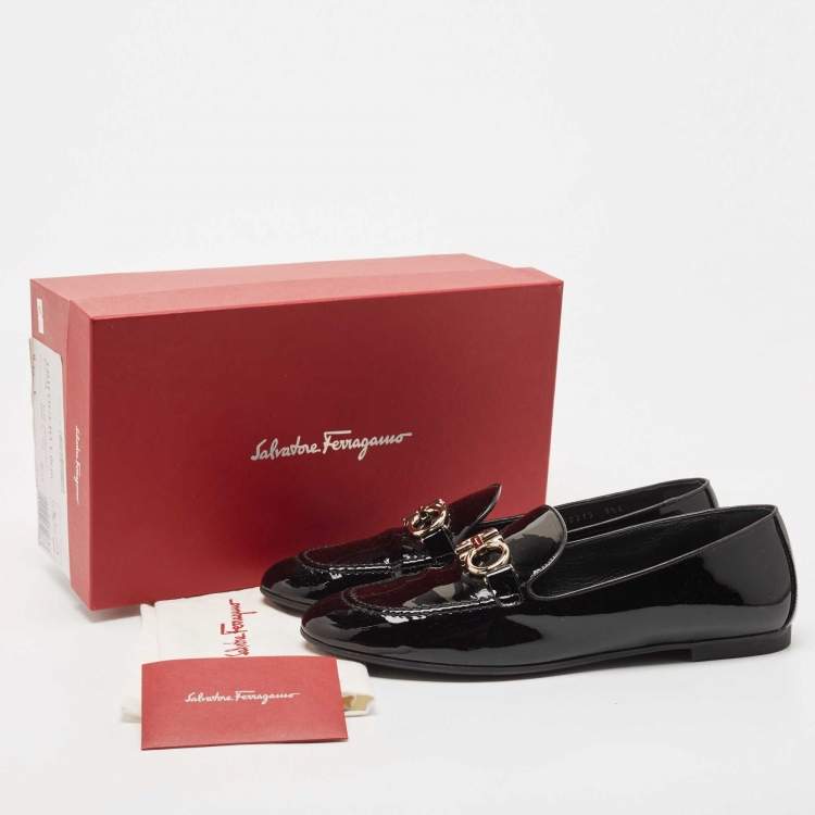 Pre Owned Salvatore Ferragamo Black Patent Leather Trifoglio Smoking Slippers Size 40