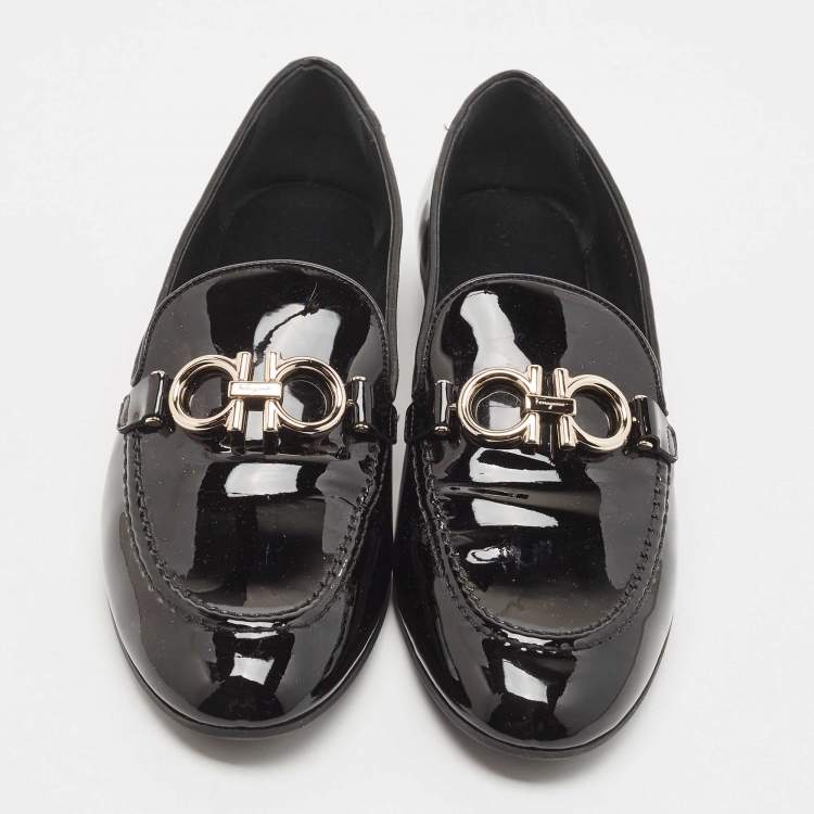Pre Owned Salvatore Ferragamo Black Patent Leather Trifoglio Smoking Slippers Size 40