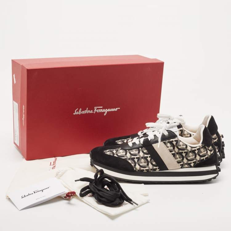 Pre Owned Salvatore Ferragamo Black/Cream Suede and Nylon Gancini Printed Low Top Sneakers Size 40