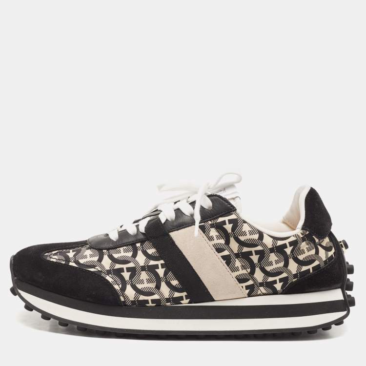 Pre Owned Salvatore Ferragamo Black/Cream Suede and Nylon Gancini Printed Low Top Sneakers Size 40