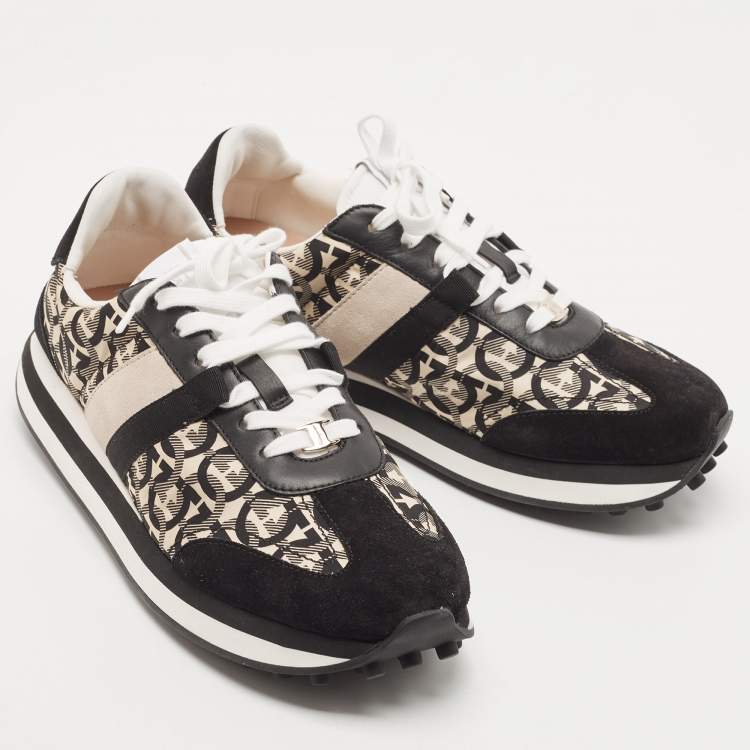 Pre Owned Salvatore Ferragamo Black/Cream Suede and Nylon Gancini Printed Low Top Sneakers Size 40