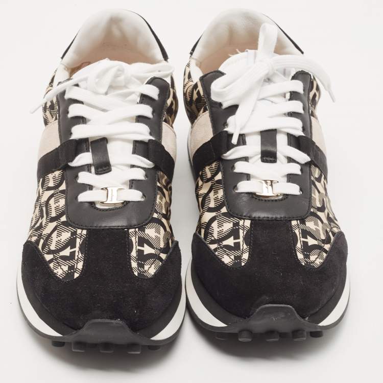 Pre Owned Salvatore Ferragamo Black/Cream Suede and Nylon Gancini Printed Low Top Sneakers Size 40