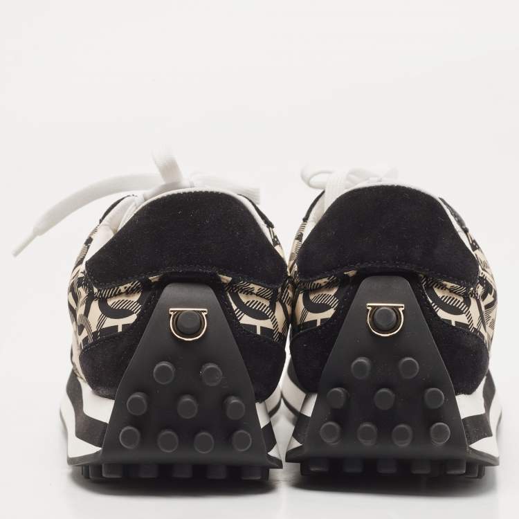 Pre Owned Salvatore Ferragamo Black/Cream Suede and Nylon Gancini Printed Low Top Sneakers Size 40
