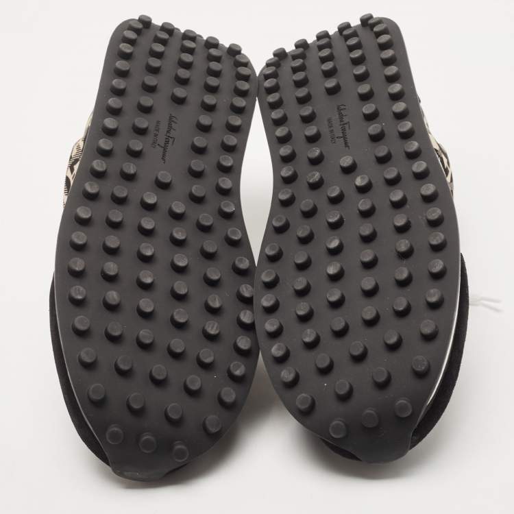 Pre Owned Salvatore Ferragamo Black/Cream Suede and Nylon Gancini Printed Low Top Sneakers Size 40