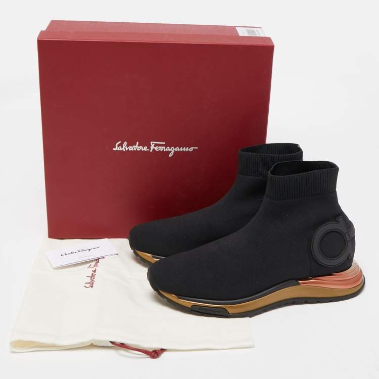 Pre Owned Salvatore Ferragamo Black Knit Fabric Cloth Trainers High Top Sneakers Size 40