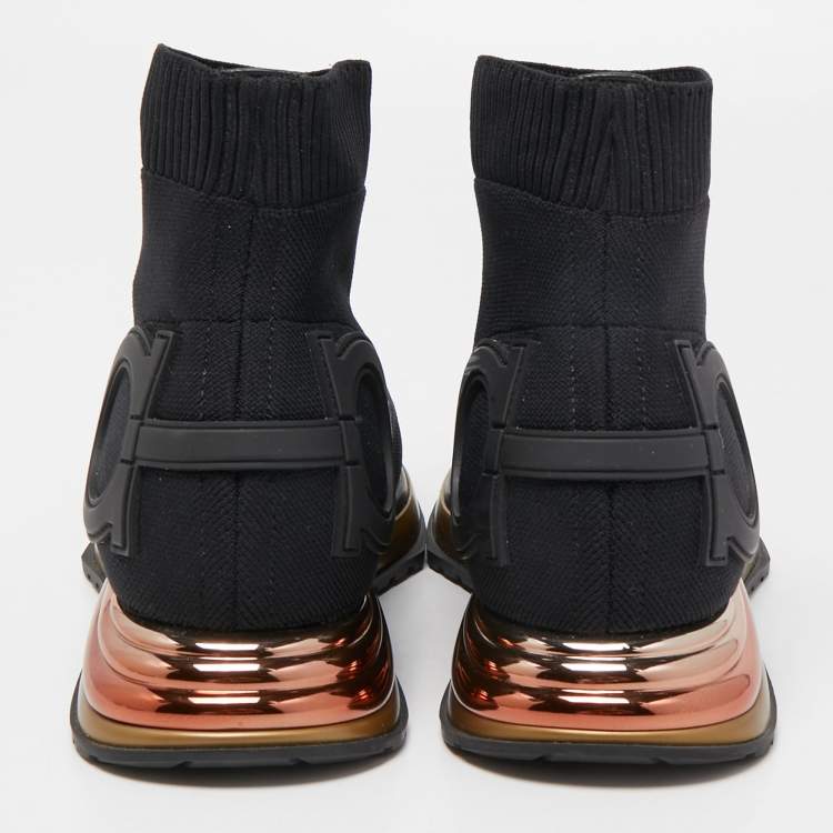 Pre Owned Salvatore Ferragamo Black Knit Fabric Cloth Trainers High Top Sneakers Size 40