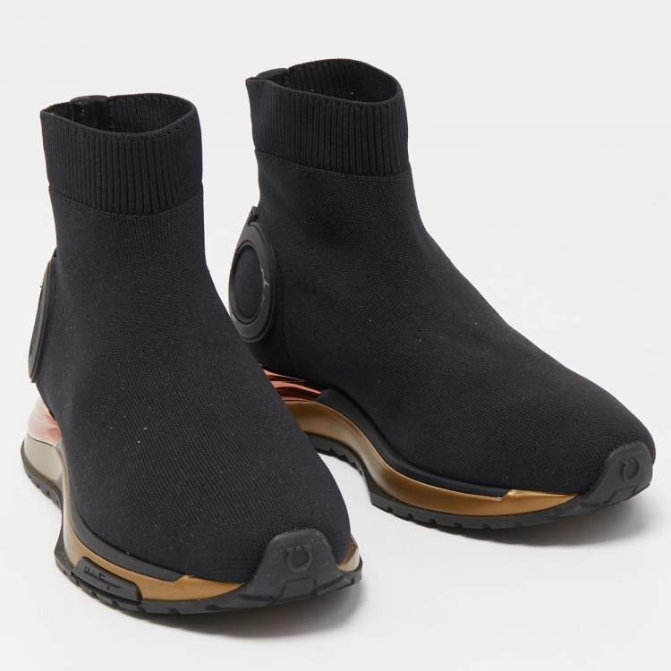 Pre Owned Salvatore Ferragamo Black Knit Fabric Cloth Trainers High Top Sneakers Size 40