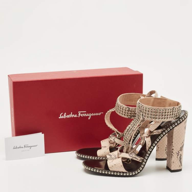 Pre Owned Salvatore Ferragamo Beige Python Leather Studded Ankle Cuff Sandals Size 41