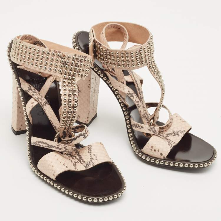 Pre Owned Salvatore Ferragamo Beige Python Leather Studded Ankle Cuff Sandals Size 41