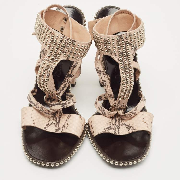 Pre Owned Salvatore Ferragamo Beige Python Leather Studded Ankle Cuff Sandals Size 41