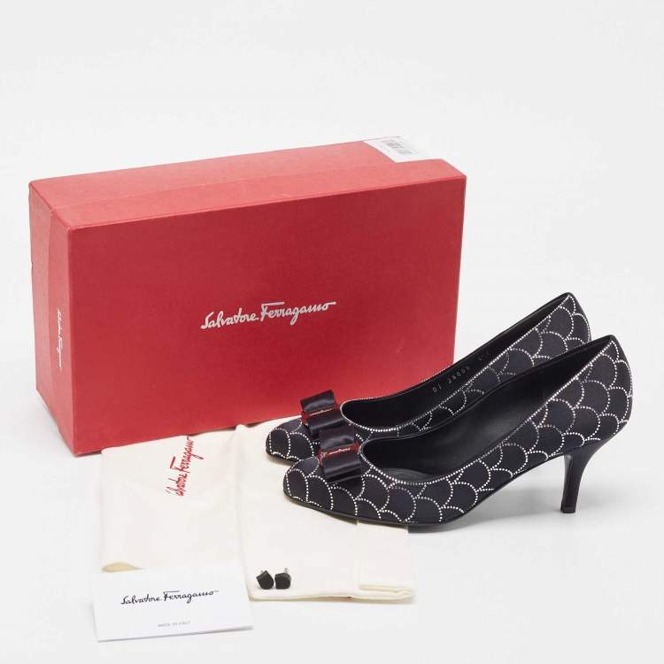 Pre Owned Salvatore Ferragamo Black Satin Vara Crystal Embellished Bow Pumps Size 37