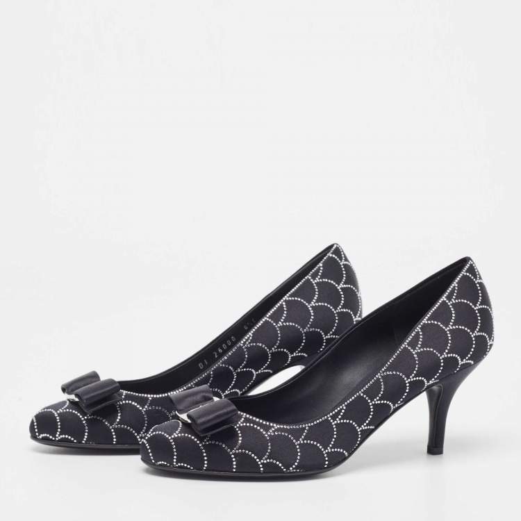 Pre Owned Salvatore Ferragamo Black Satin Vara Crystal Embellished Bow Pumps Size 37