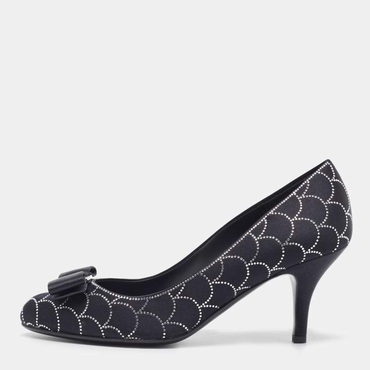 Pre Owned Salvatore Ferragamo Black Satin Vara Crystal Embellished Bow Pumps Size 37