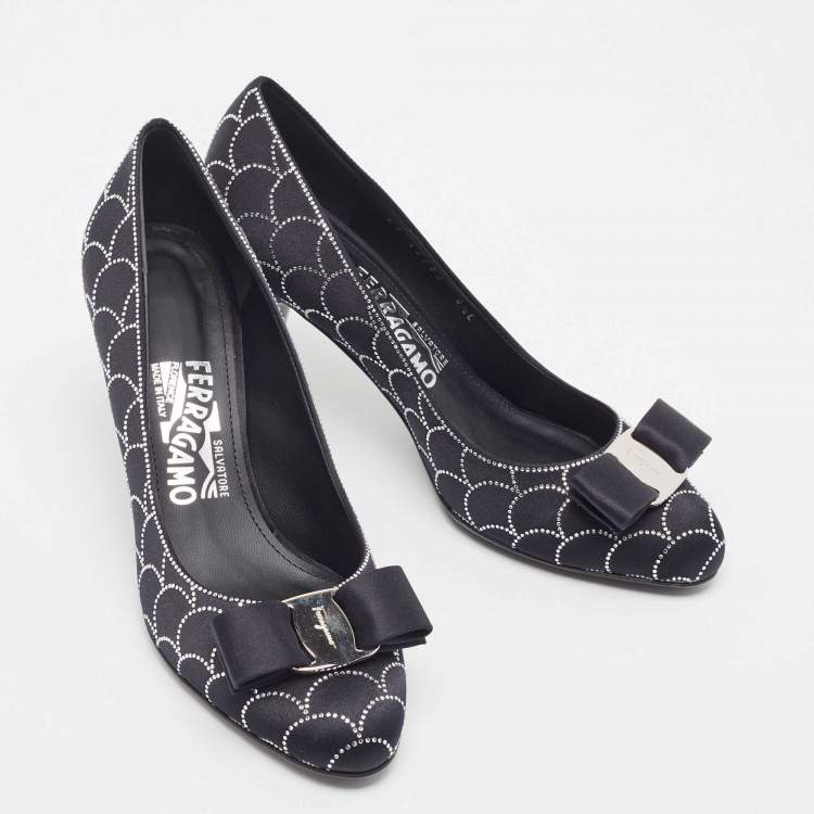 Pre Owned Salvatore Ferragamo Black Satin Vara Crystal Embellished Bow Pumps Size 37