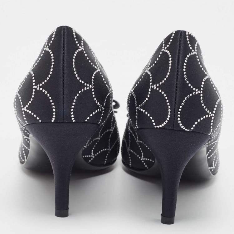 Pre Owned Salvatore Ferragamo Black Satin Vara Crystal Embellished Bow Pumps Size 37