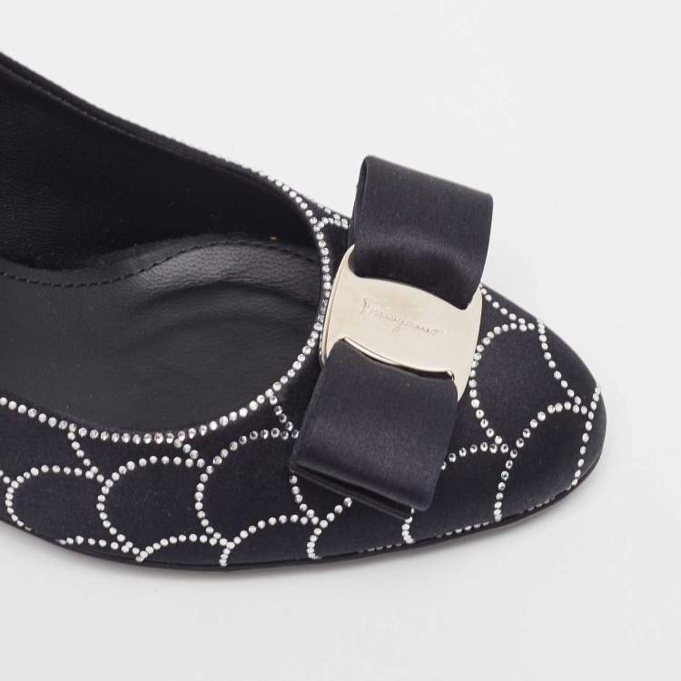 Pre Owned Salvatore Ferragamo Black Satin Vara Crystal Embellished Bow Pumps Size 37