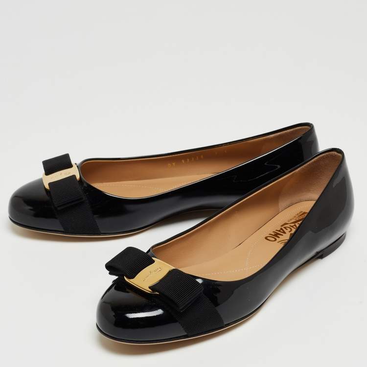 Pre Owned Salvatore Ferragamo Black Patent Leather Varina Ballet Flats Size 37.5