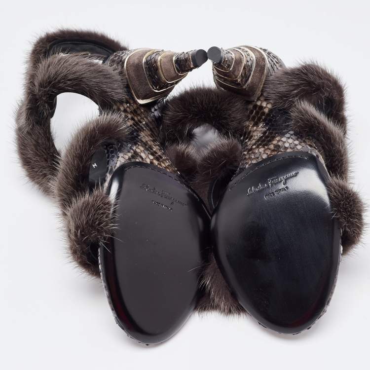 Pre Owned Salvatore Ferragamo Brown Mink Fur and Python Leather Cage Sandals Size 39