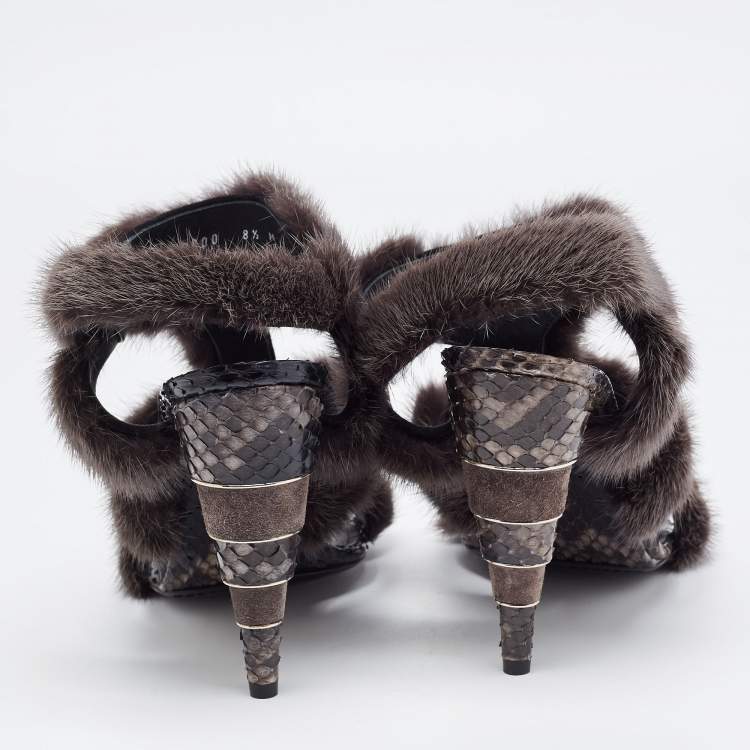 Pre Owned Salvatore Ferragamo Brown Mink Fur and Python Leather Cage Sandals Size 39
