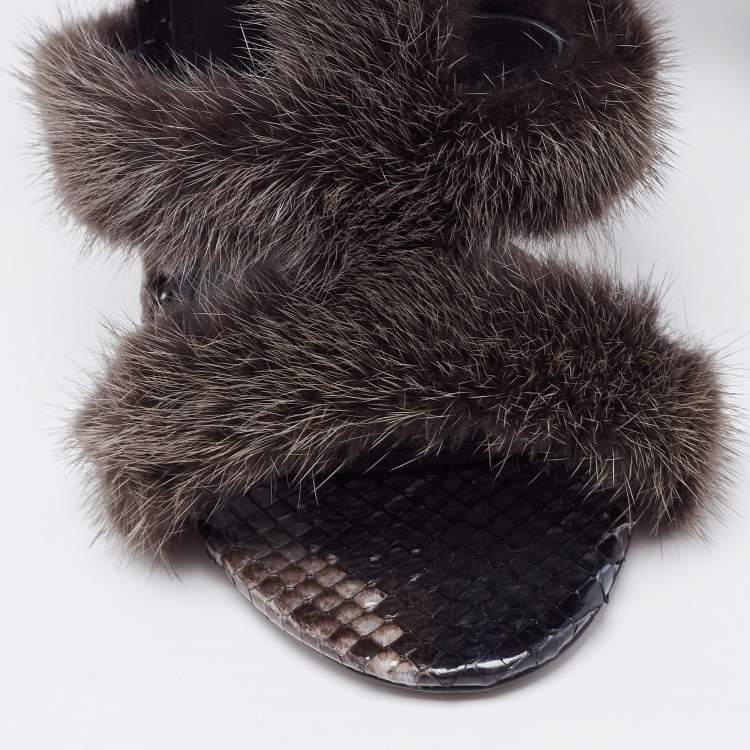 Pre Owned Salvatore Ferragamo Brown Mink Fur and Python Leather Cage Sandals Size 39