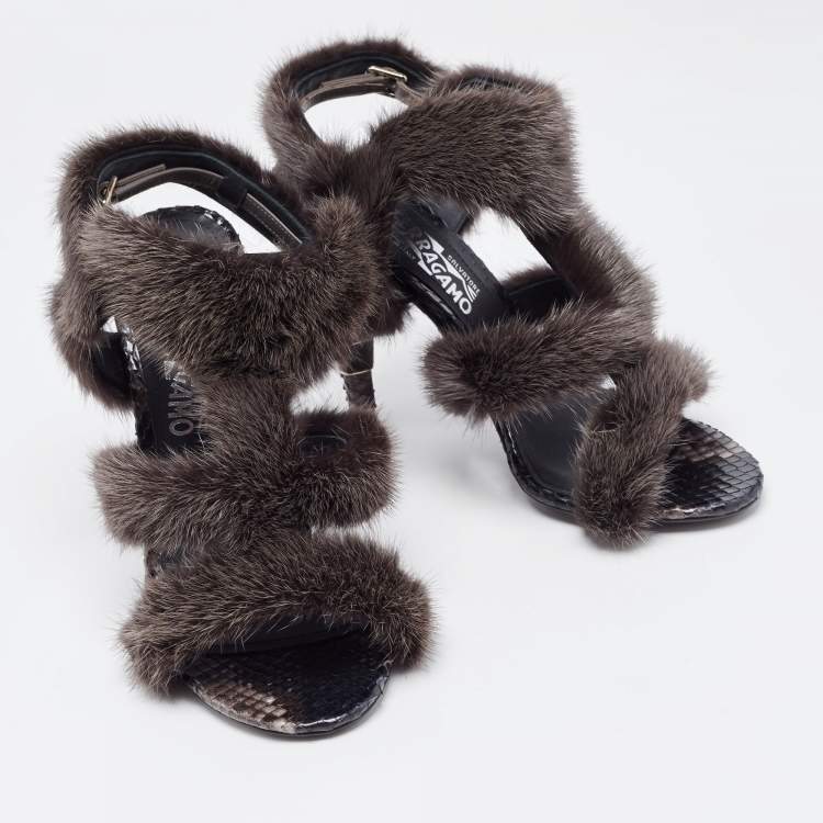 Pre Owned Salvatore Ferragamo Brown Mink Fur and Python Leather Cage Sandals Size 39