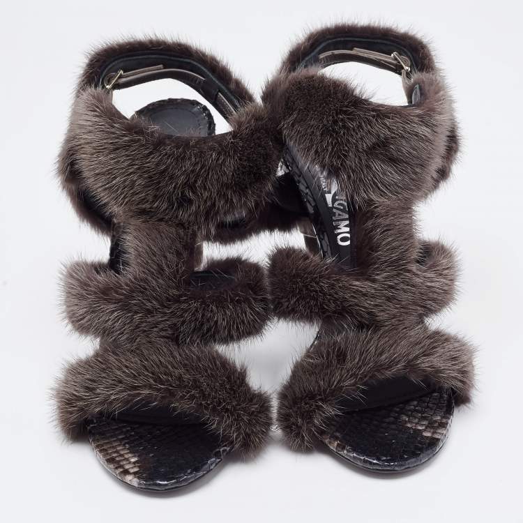 Pre Owned Salvatore Ferragamo Brown Mink Fur and Python Leather Cage Sandals Size 39