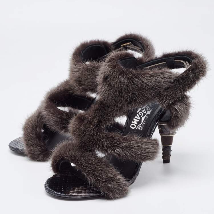 Pre Owned Salvatore Ferragamo Brown Mink Fur and Python Leather Cage Sandals Size 39