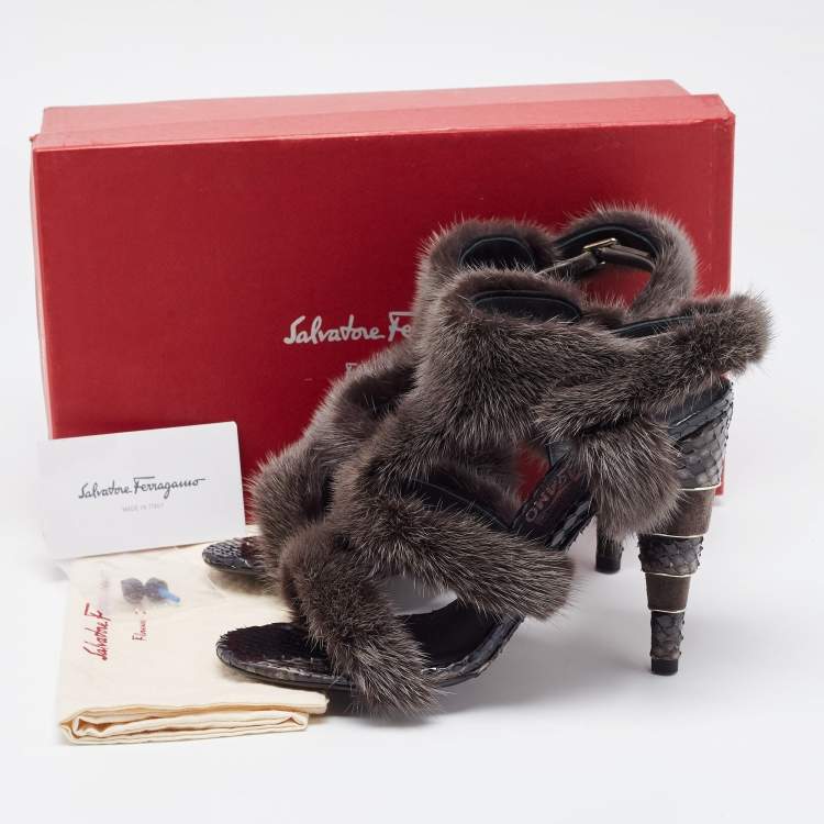 Pre Owned Salvatore Ferragamo Brown Mink Fur and Python Leather Cage Sandals Size 39