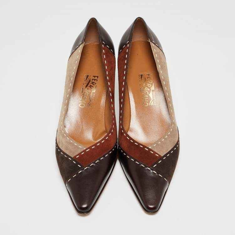 Pre Owned Salvatore Ferragamo  Multicolor Suede and Leather Pointed Toe Pumps Size 41