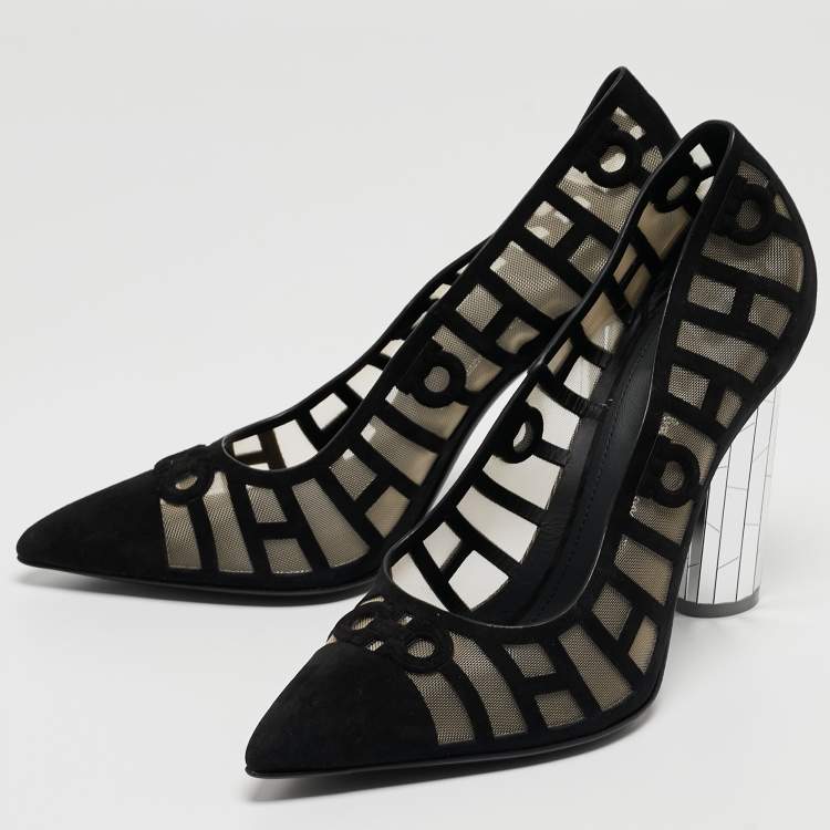 Pre Owned Salvatore Ferragamo Black Suede and Mesh Florise Pumps Size 39.5