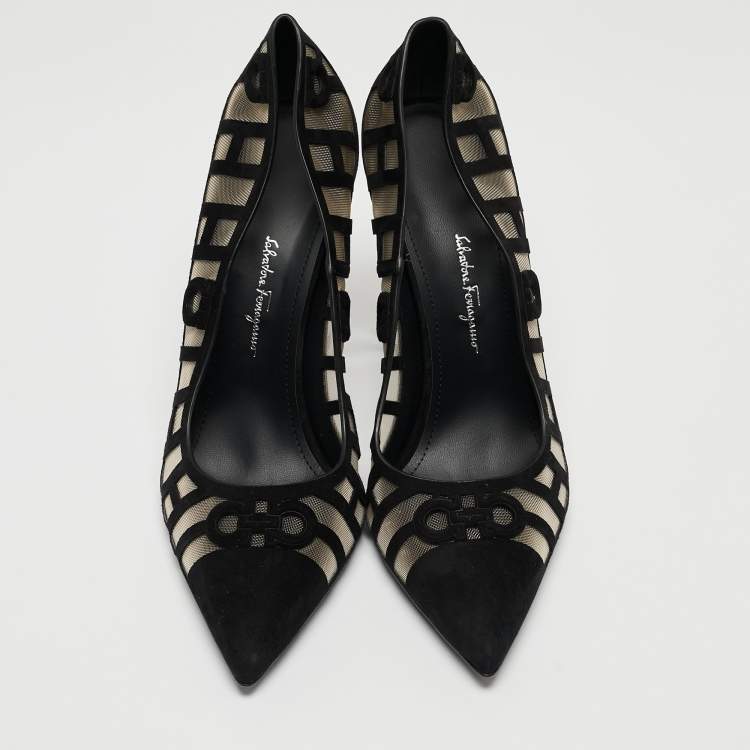 Pre Owned Salvatore Ferragamo Black Suede and Mesh Florise Pumps Size 39.5