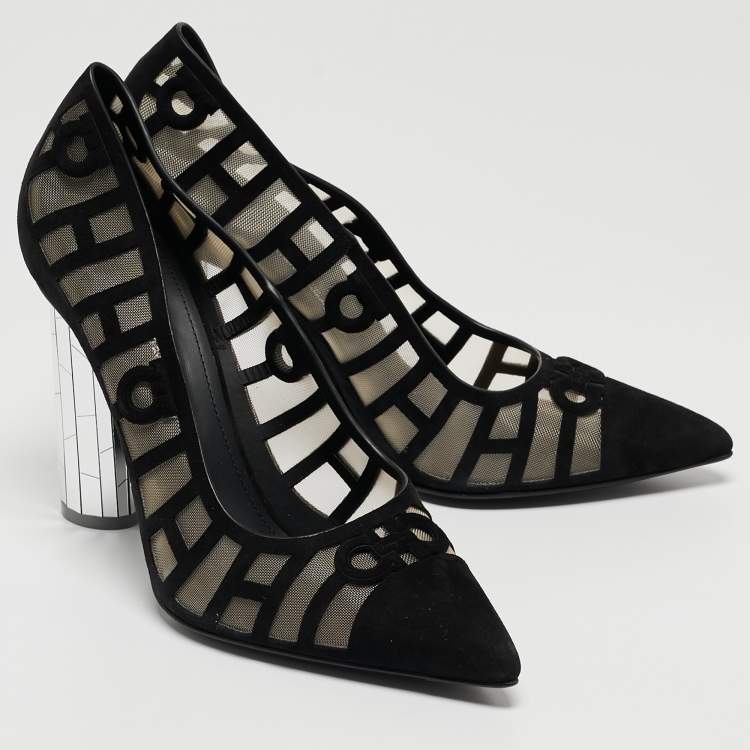 Pre Owned Salvatore Ferragamo Black Suede and Mesh Florise Pumps Size 39.5