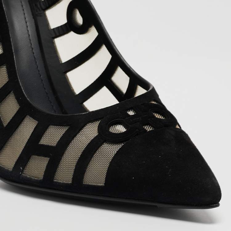 Pre Owned Salvatore Ferragamo Black Suede and Mesh Florise Pumps Size 39.5