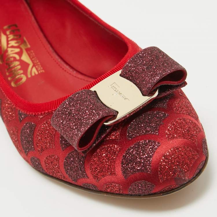 Pre Owned Salvatore Ferragamo Red Glitter Vera Bow Pumps Size 39