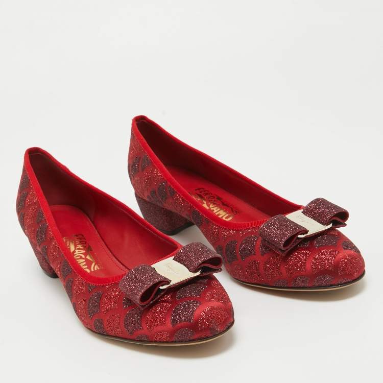 Pre Owned Salvatore Ferragamo Red Glitter Vera Bow Pumps Size 39