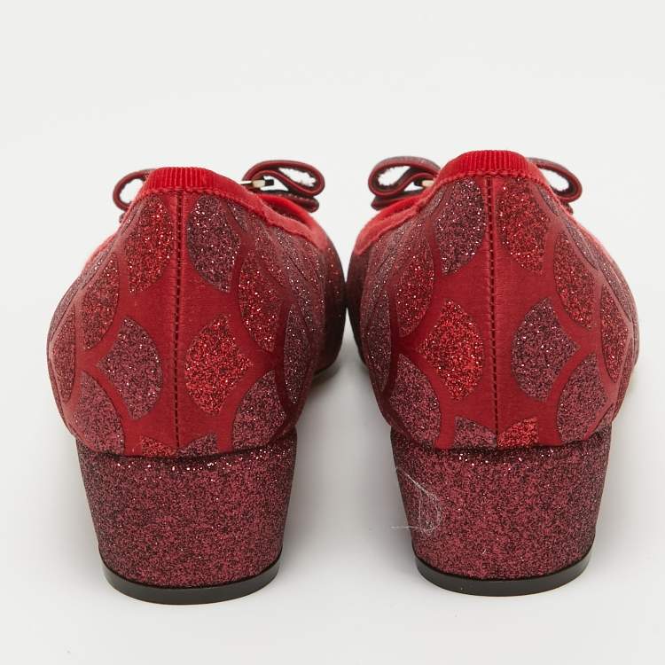 Pre Owned Salvatore Ferragamo Red Glitter Vera Bow Pumps Size 39