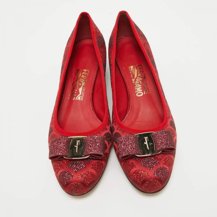 Pre Owned Salvatore Ferragamo Red Glitter Vera Bow Pumps Size 39