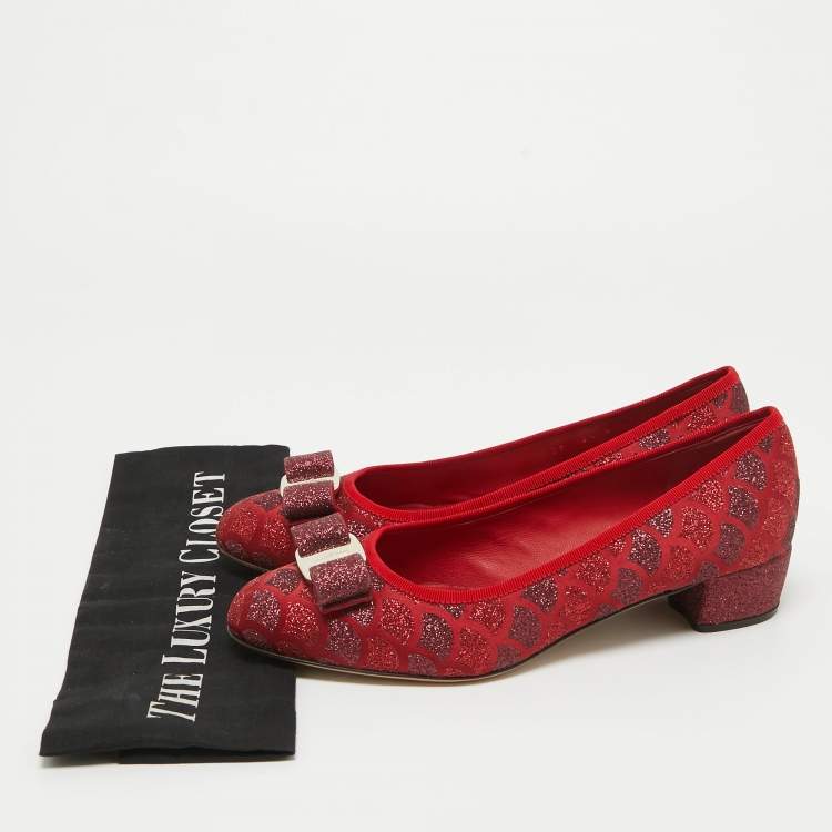 Pre Owned Salvatore Ferragamo Red Glitter Vera Bow Pumps Size 39