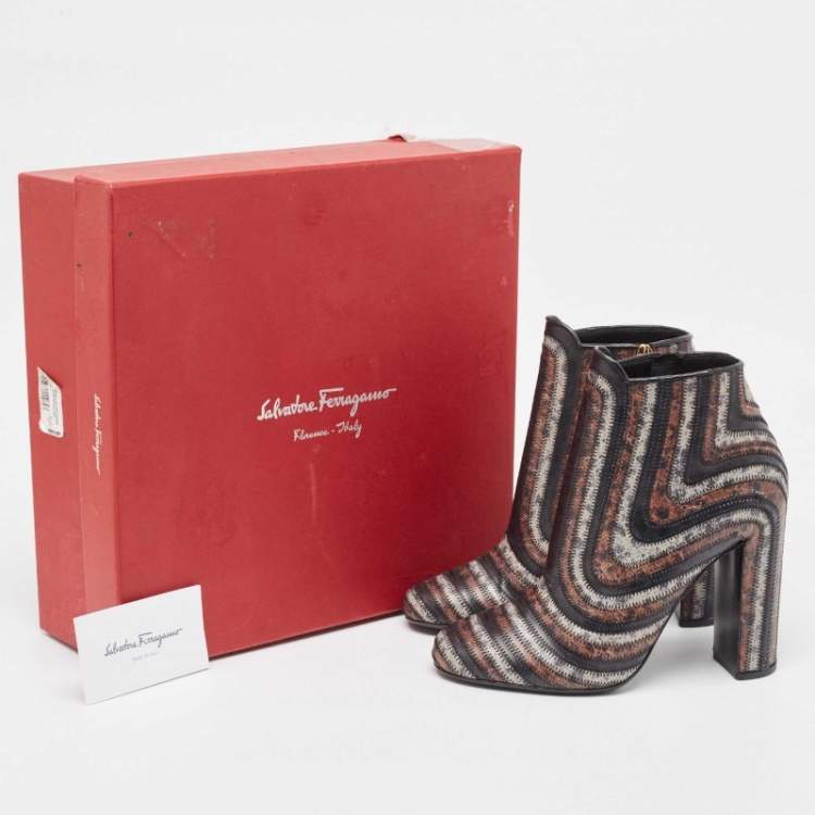 Pre Owned Salvatore Ferragamo Multicolor Printed Leather Feeling Ankle Boots Size 39.5