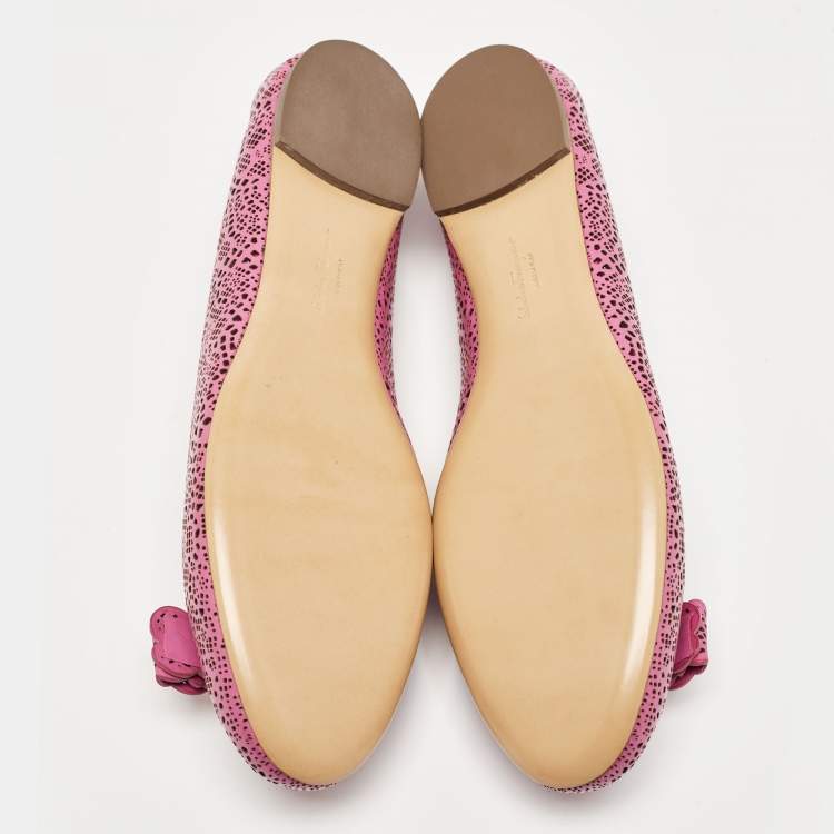 Pre Owned Salvatore Ferragamo Magenta Leather Lasercut Vara Bow Ballet Flats Size 40.5