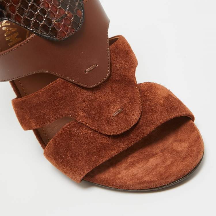 Pre Owned Salvatore Ferragamo Brown Suede and Python Laos Slingback Sandals Size 37.5
