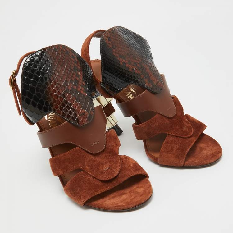 Pre Owned Salvatore Ferragamo Brown Suede and Python Laos Slingback Sandals Size 37.5