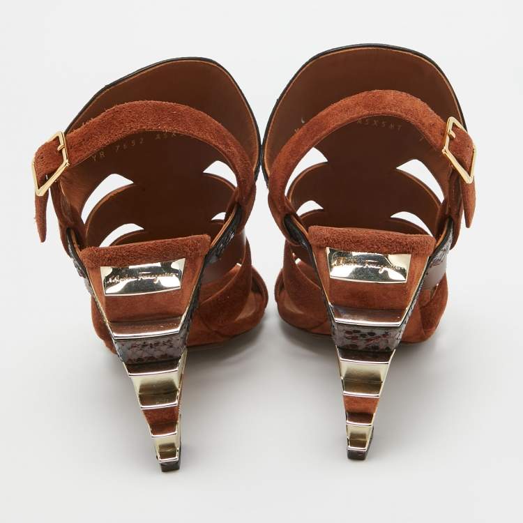 Pre Owned Salvatore Ferragamo Brown Suede and Python Laos Slingback Sandals Size 37.5