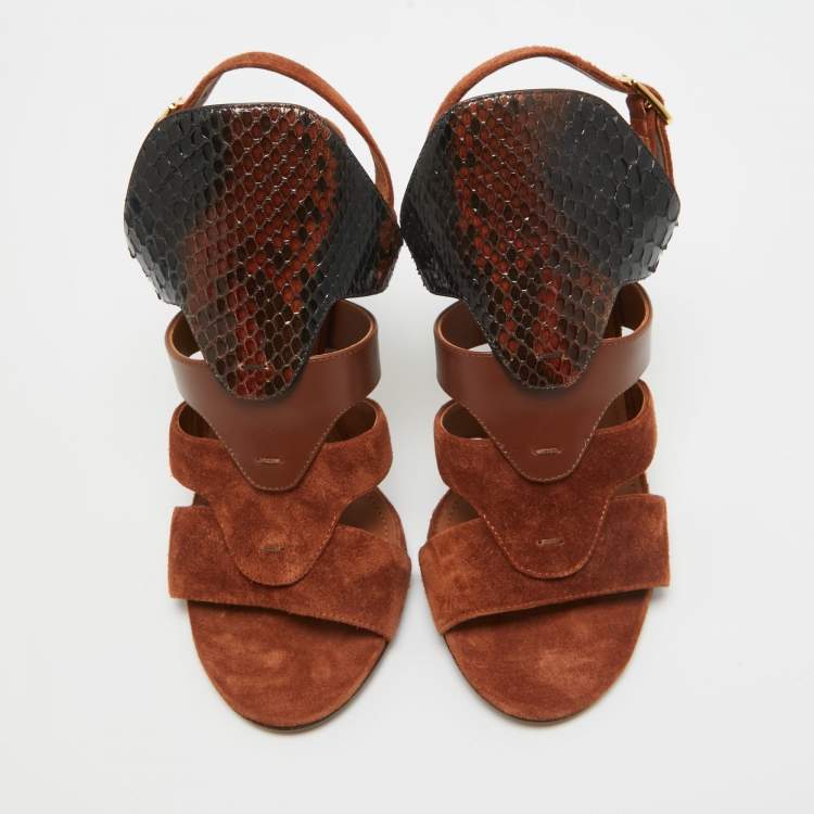 Pre Owned Salvatore Ferragamo Brown Suede and Python Laos Slingback Sandals Size 37.5